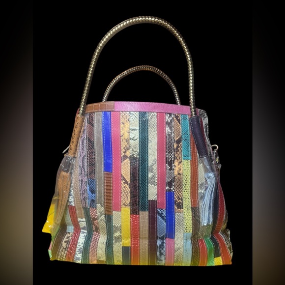 Caerlif Blue & Yellow Snake Embossed Stripe Leather Tote - Brand New - Picture 3 of 7